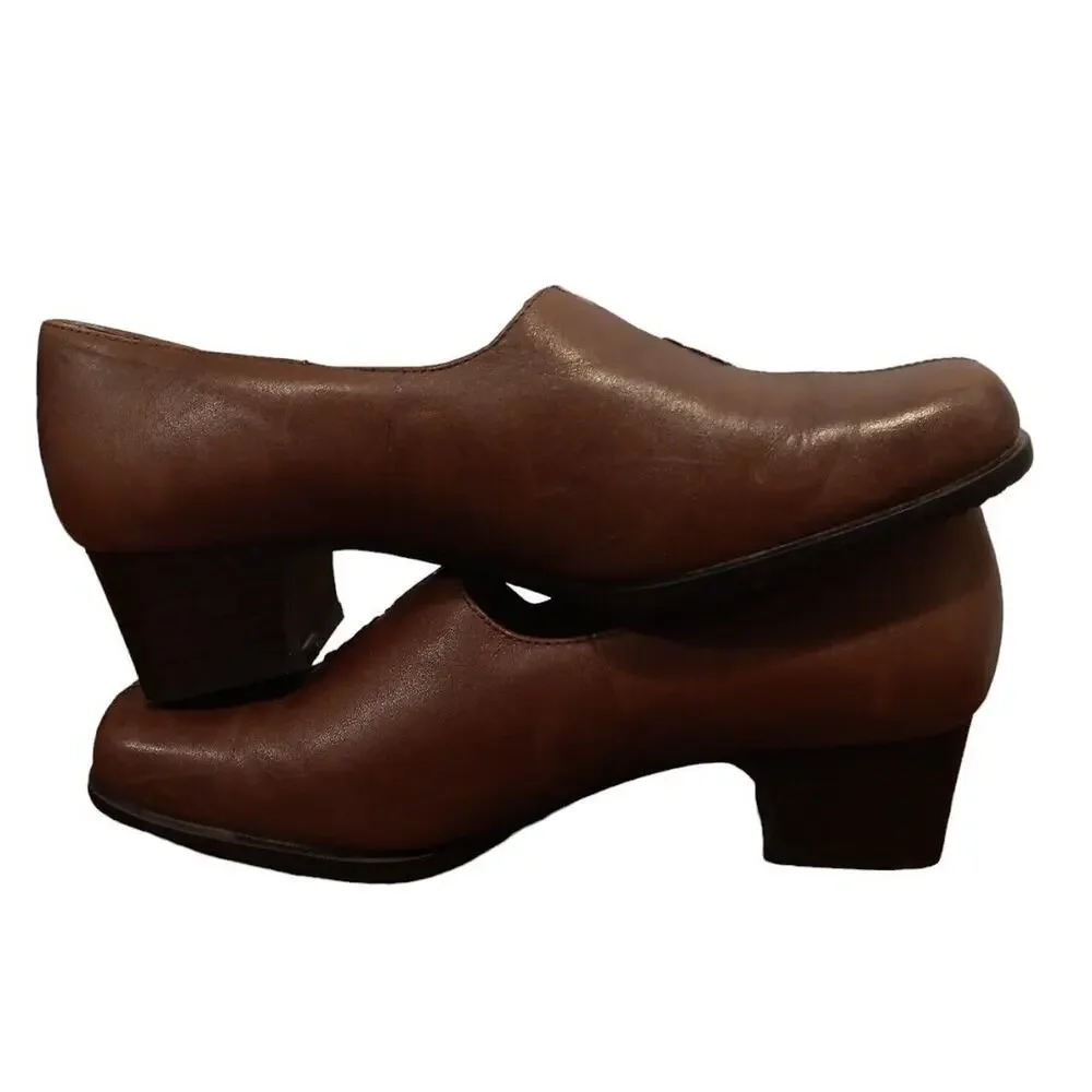 Strictly Comfort Women's 8W‎ Brown Leather Slip-On Shoe Square Toe Block Heel
